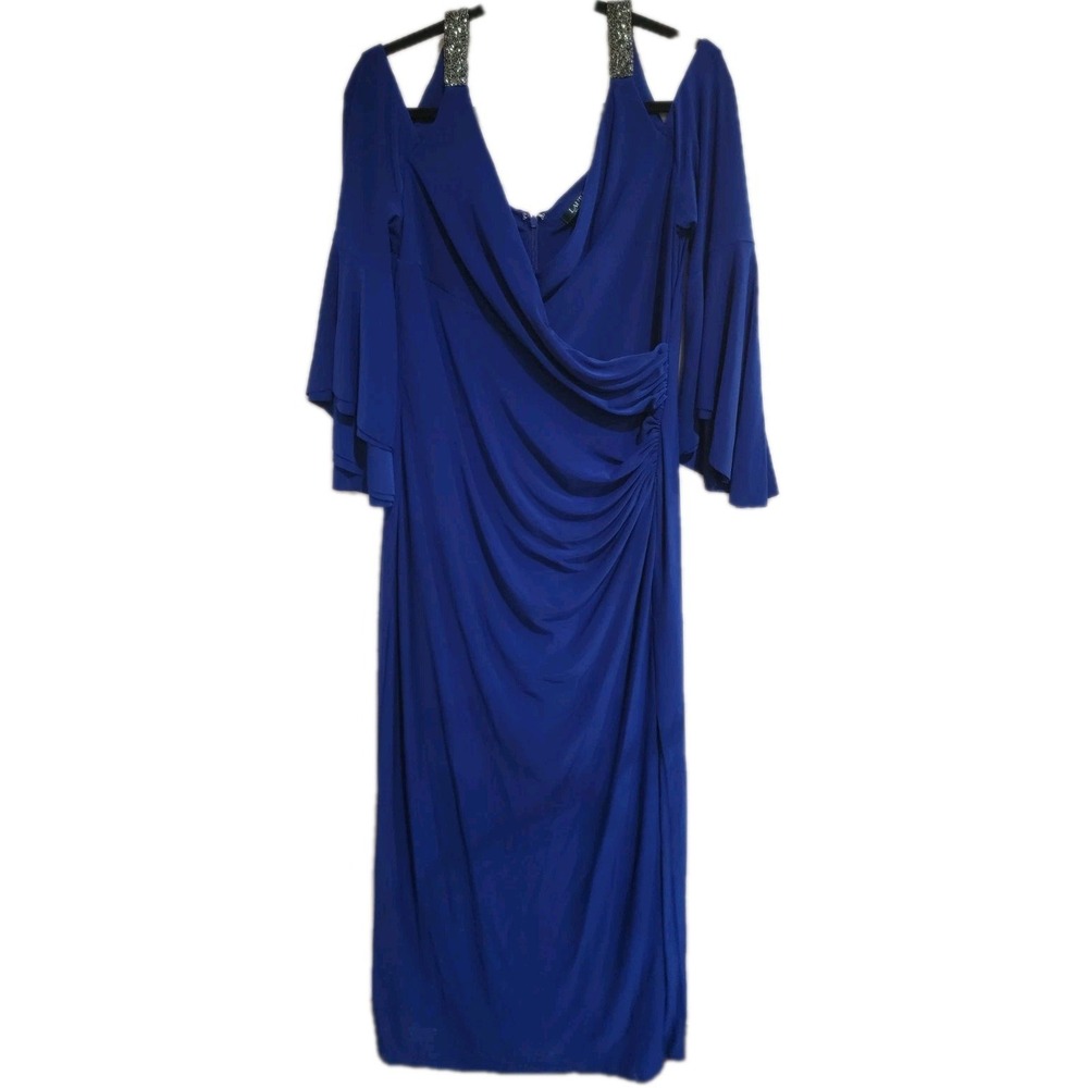 Lauren Ralph Lauren 16 Royal Blue Beaded Cold Shoulder Bell Sleeve Evening Gown